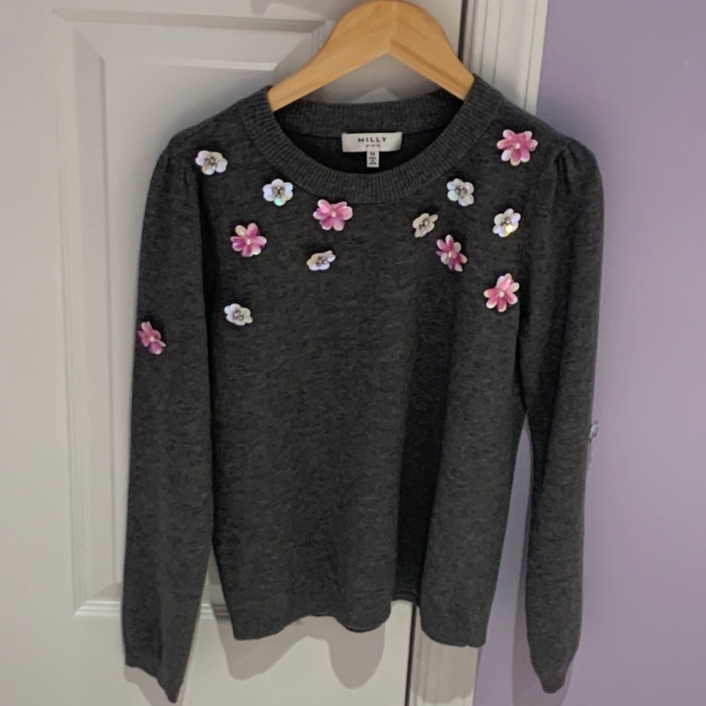 Worn 1x! Milly Minis gray sweater with floral appliqué - size 14